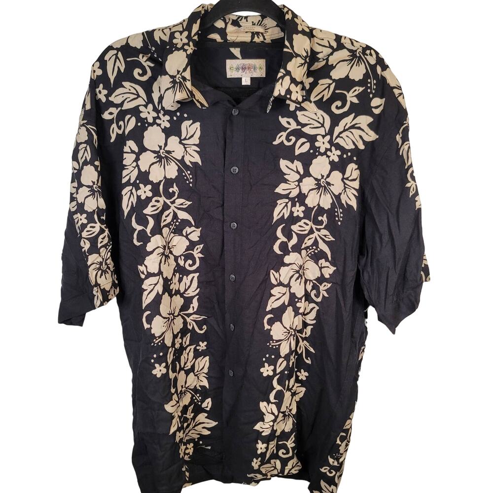 Vintage Campia Moda Men’s Large Hawaiian Shirt Short Sleeve Black & Cream Rayon
